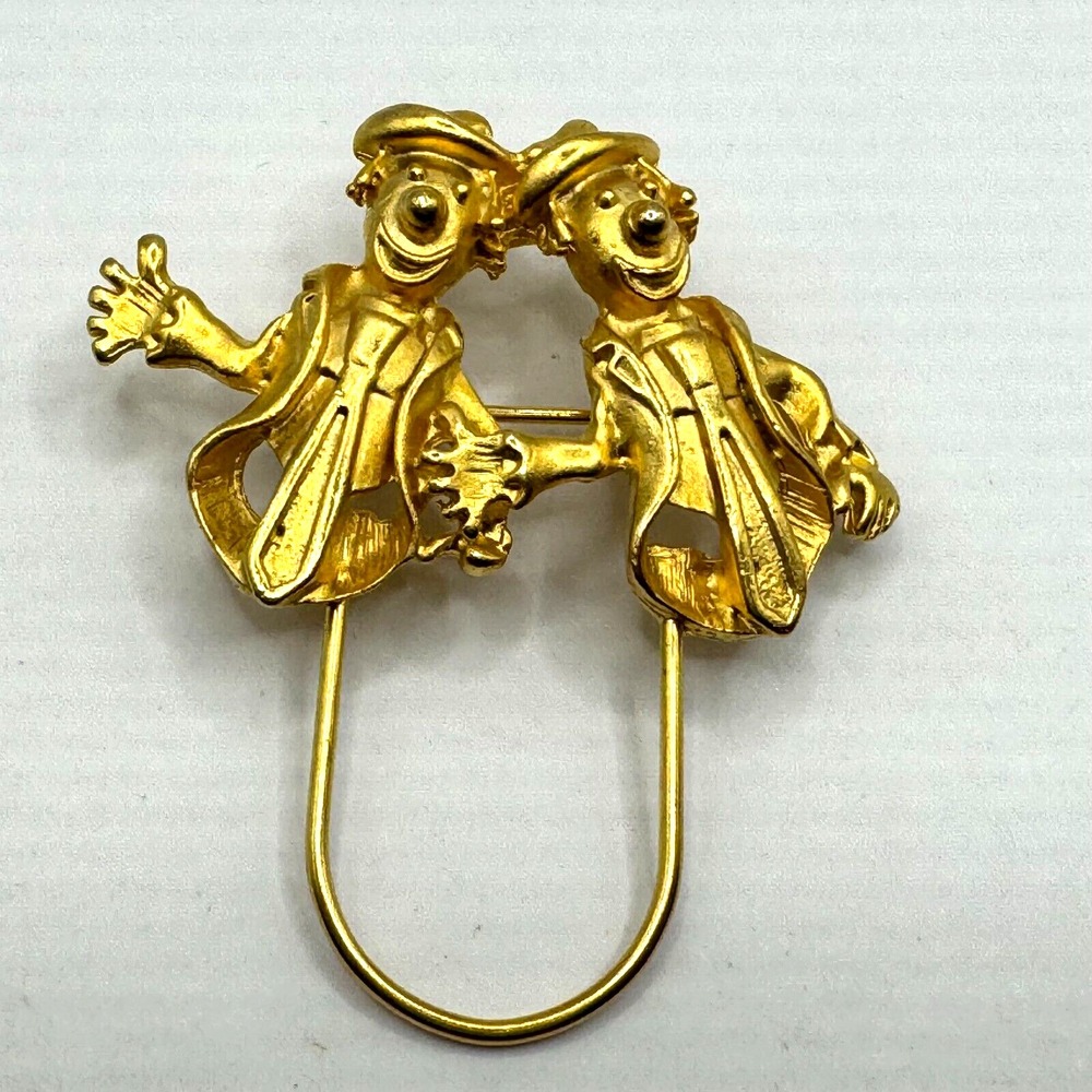 Vintage Gold Tone Metal Two Clowns Pin Brooch on Rope Pair Tie